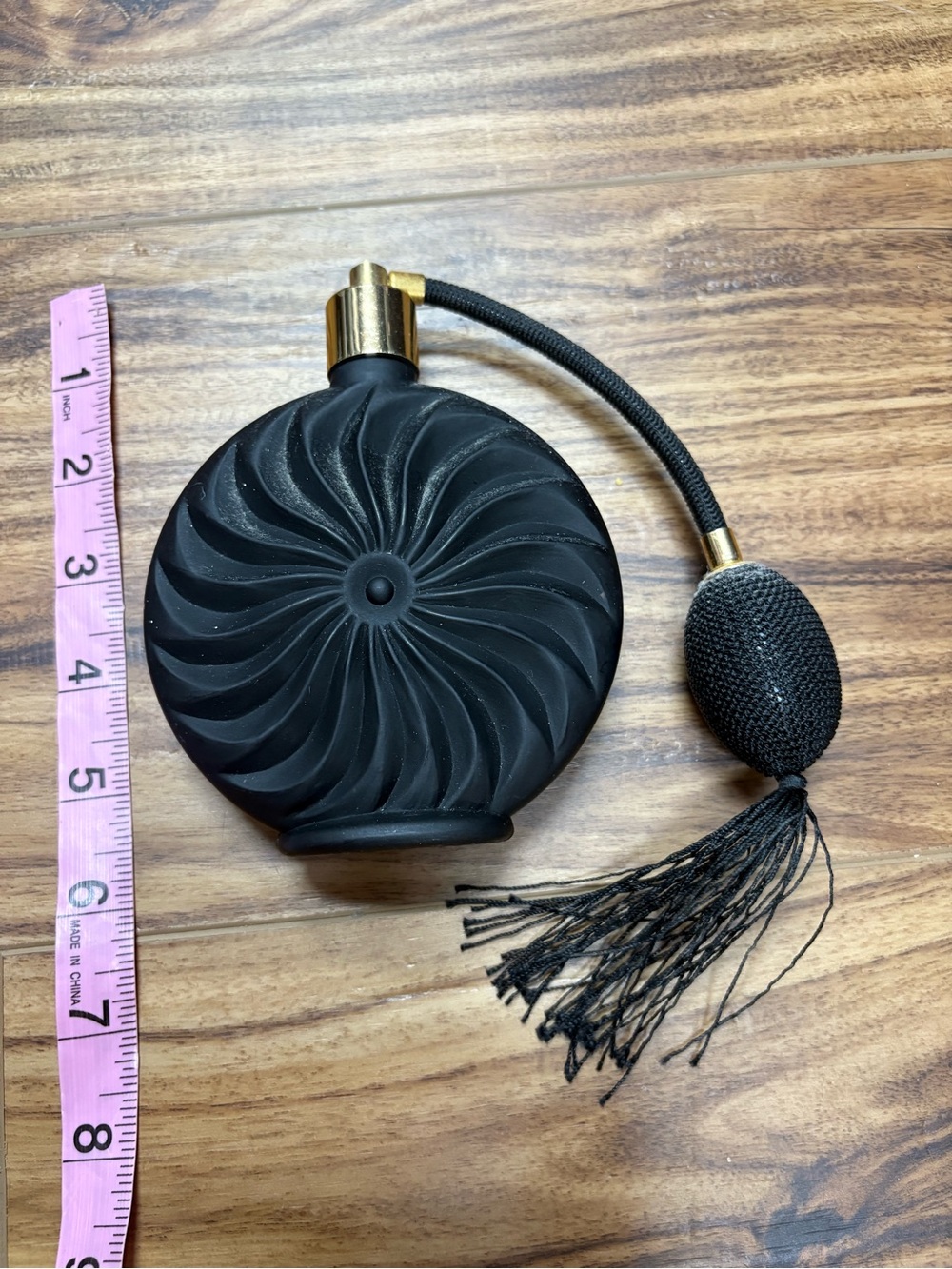 vintage 1980s Art Deco-style perfume atomizer made of black satin frosted glass
